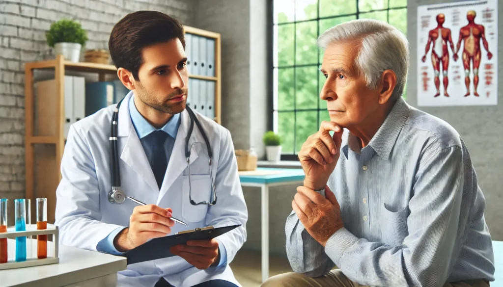 A doctor conducting a cognitive assessment on an elderly patient in a medical office, attentively observing and holding a clipboard. The setting is professional yet welcoming, representing the importance of early diagnosis. Keyword: “what can be done for dementia