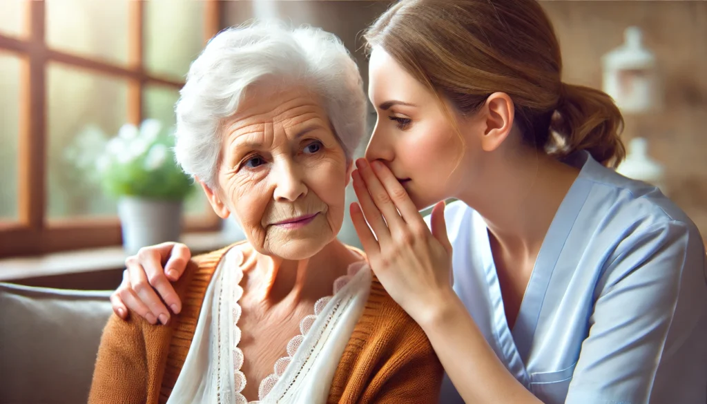 A serene nursing home environment where a caregiver whispers to an elderly dementia patient, fostering a calming and reassuring atmosphere. The gentle communication reflects how whispering can support individuals with dementia. 