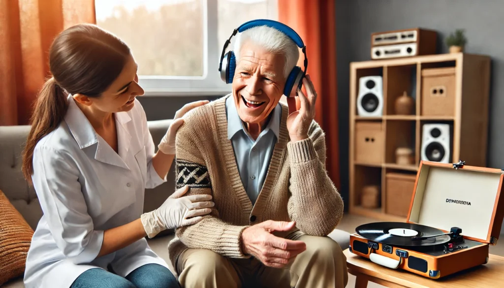 An elderly man with dementia joyfully participating in a therapeutic music session, wearing headphones and engaging with a caregiver. The cozy room enhances the warm atmosphere. Keyword: “what can be done for dementia