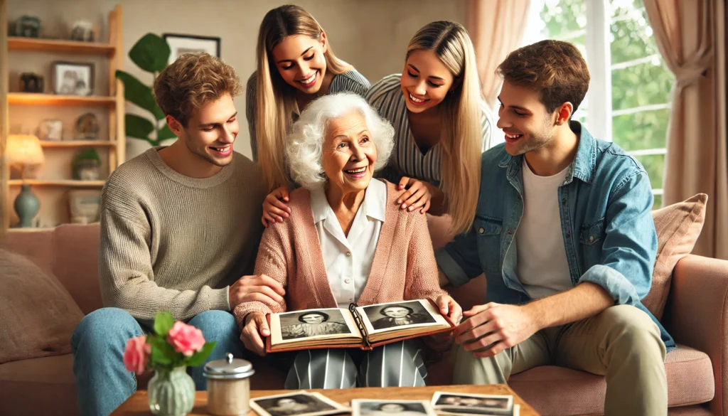 A supportive family gathered around an elderly woman with dementia at home, sharing old photo albums and engaging in reminiscence therapy. The nostalgic atmosphere highlights the importance of emotional connection. Keyword: “what can be done for dementia