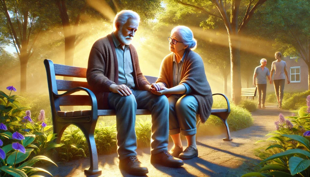 A supportive partner holding the hand of their loved one experiencing memory loss.