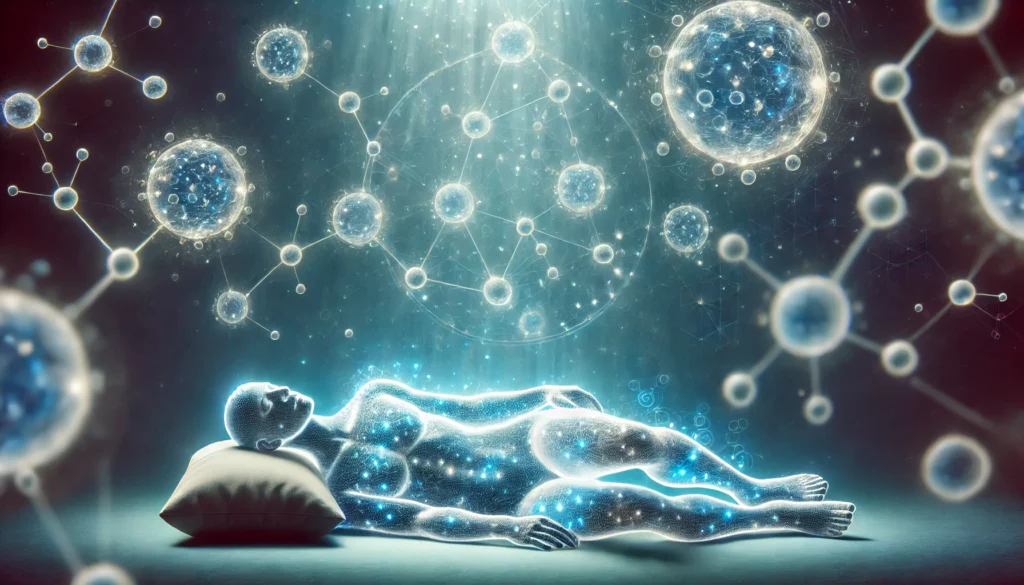 A conceptual digital illustration highlighting the role of sleep in cellular repair. The image showcases a human body with glowing molecular structures representing cellular regeneration during deep sleep. The dark blue background with soft lighting enhances the scientific and calming aesthetic. No text or symbols are present.