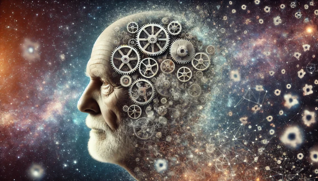 An artistic depiction of memory change over time, showing an elderly person with a semi-transparent head filled with intricate clockwork gears, some faded or missing, representing the impact of aging on memory