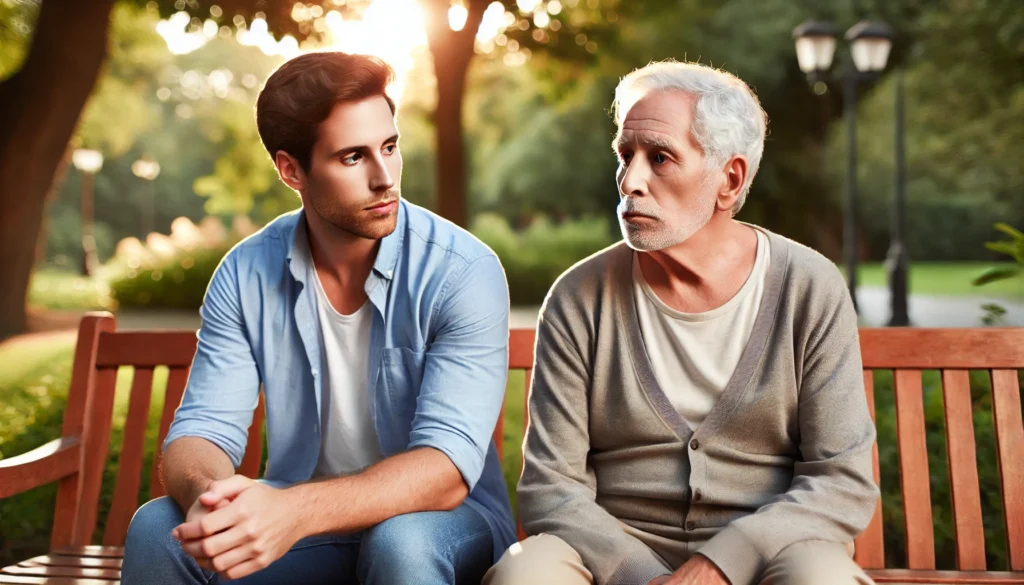 A middle-aged man sitting beside his elderly father on a park bench, depicting concern and disengagement.