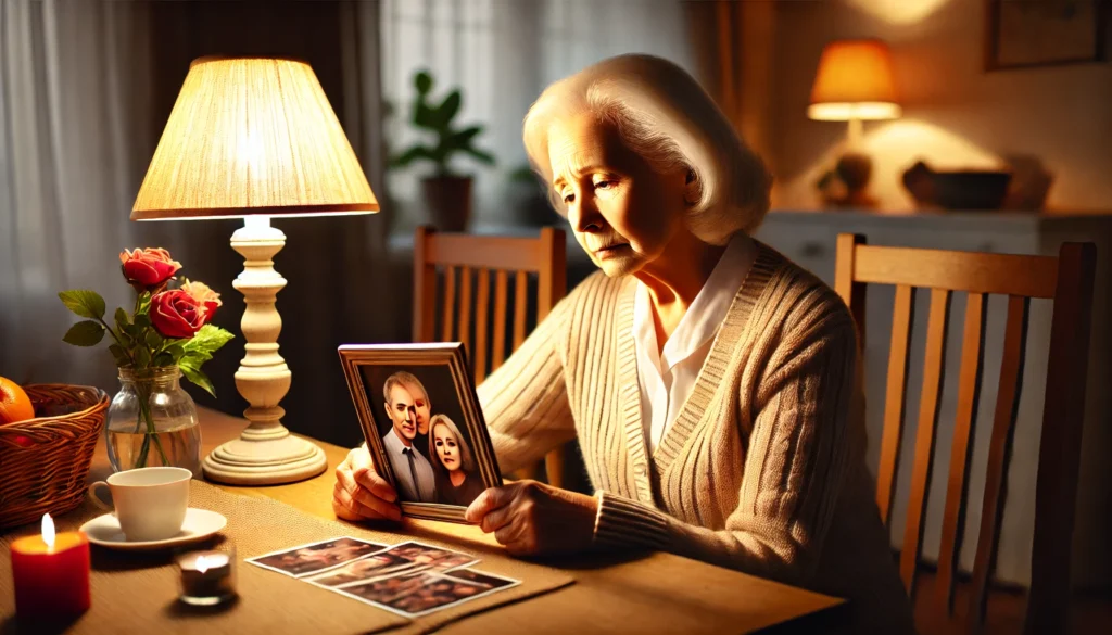 An elderly woman with dementia looking at a family photo with a puzzled expression, highlighting memory loss and emotional impact.