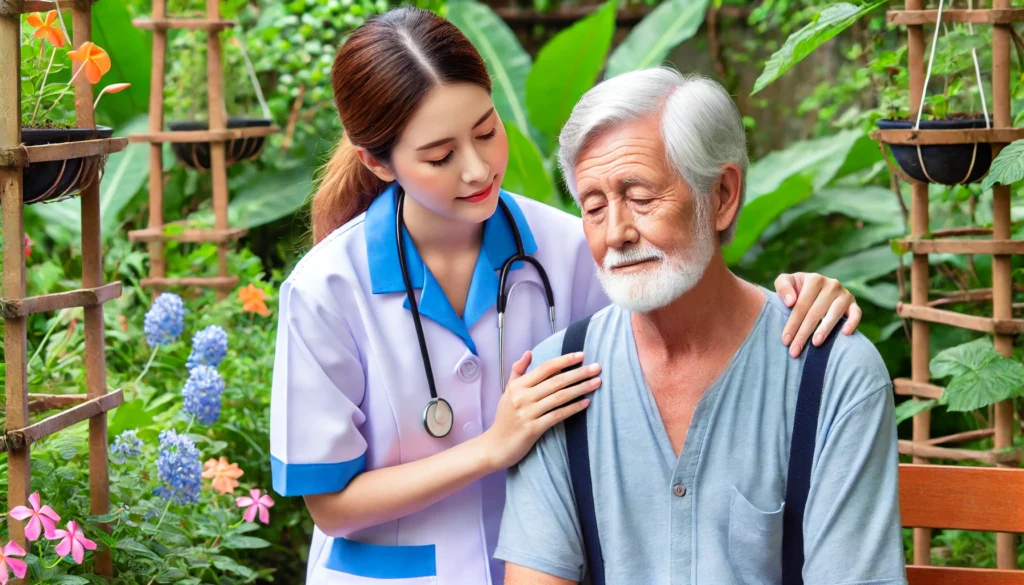 A caring nurse assisting an elderly man with dementia in a garden, symbolizing empathy and support.