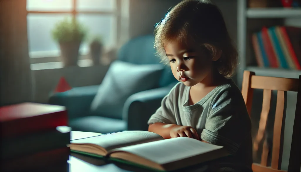 A young child with childhood dementia staring blankly at a book they once loved, unable to process the words or pictures. The scene is set in a cozy reading nook with soft lighting, highlighting cognitive decline.