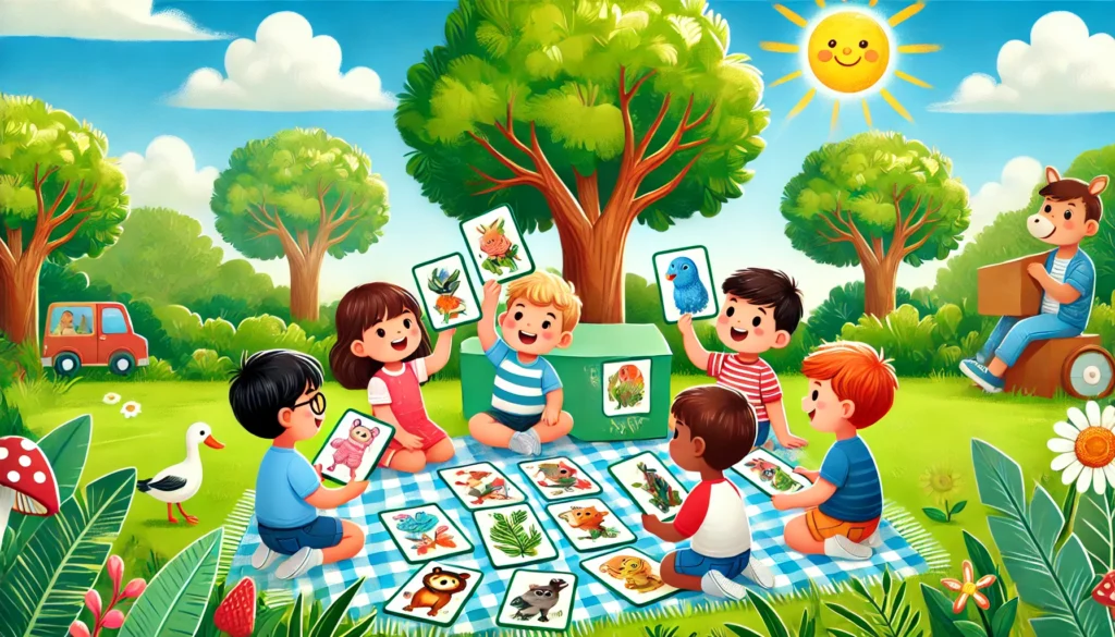 A cheerful outdoor scene of children playing a memory game with oversized illustrated cards on a picnic blanket in a park, surrounded by lush greenery.