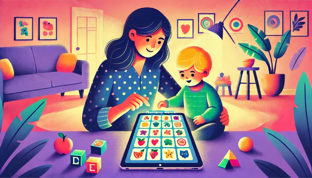 A vibrant digital illustration of a parent and child playing a memory game on a tablet, featuring colorful cards with fruits, letters, and animals in a cozy living room