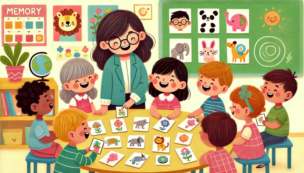 A whimsical illustration of young children playing a collaborative memory game in a classroom, matching colorful animal and object cards with guidance from a teacher.