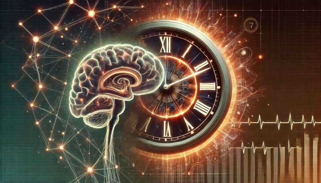 A futuristic digital illustration showcasing the disruption of circadian rhythms due to extended sleep. The image features an abstract clock intertwined with neural pathways, symbolizing altered sleep cycles. The background blends dark and warm hues, creating a surreal yet scientific aesthetic. No text or symbols are present.