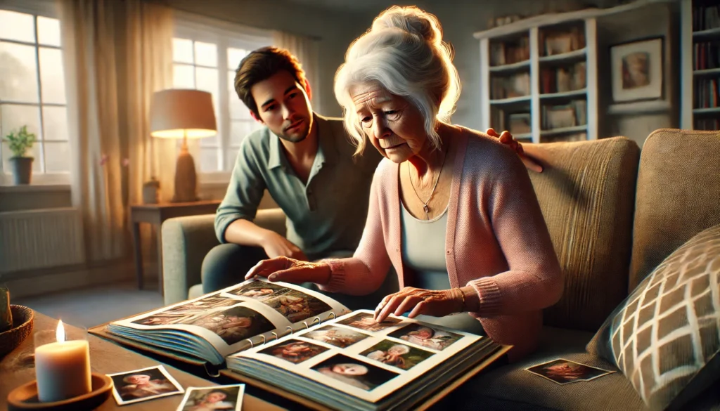 An elderly woman looks puzzled while browsing a family photo album, as a younger family member gently guides her, illustrating the emotional impact of mild cognitive impairment (MCI).