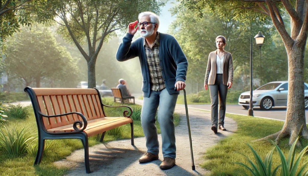 An elderly man appears disoriented while walking through a park, pausing near a bench with a confused expression, symbolizing spatial recognition difficulties in mild cognitive impairment (MCI)