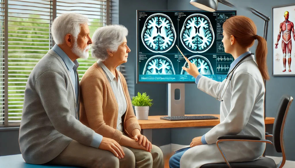 An elderly couple sits in a doctor's office, attentively listening to a neurologist explaining brain scans on a monitor, representing early detection and medical intervention for mild cognitive impairment (MCI).