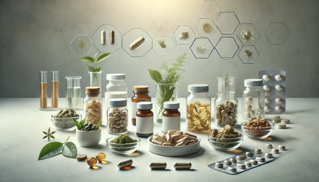 A clean and modern display of cognitive enhancement supplements, featuring capsules, tablets, and herbal extracts arranged on a neutral background. Small glass dishes hold some supplements, while others are placed alongside natural ingredients like leaves and roots. Soft and professional lighting highlights a science-oriented balance. No text or labels are present.