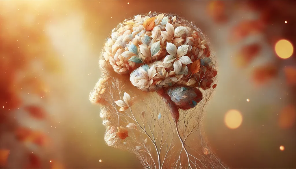 A symbolic representation of brain degeneration in Alzheimer's disease, depicted as a human brain made of delicate, disintegrating leaves, signifying cognitive decline