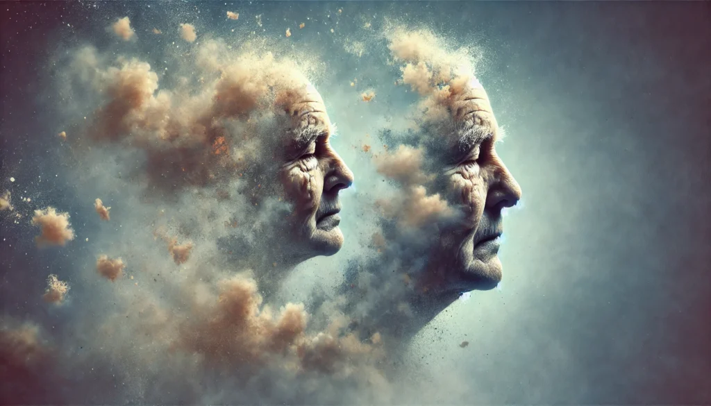 A surreal concept illustrating memory loss in Alzheimer's disease, featuring a human face dissolving into mist against a foggy background, symbolizing fading memories.