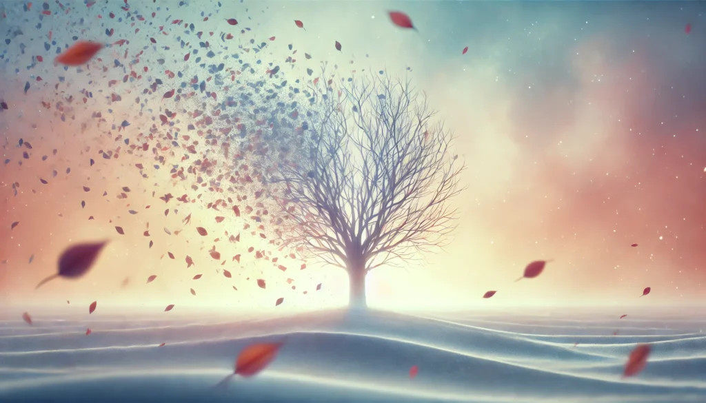 An artistic visualization of Alzheimer's disease, represented by a lone tree losing its leaves in an abstract landscape, where the leaves symbolize gradually fading memories.