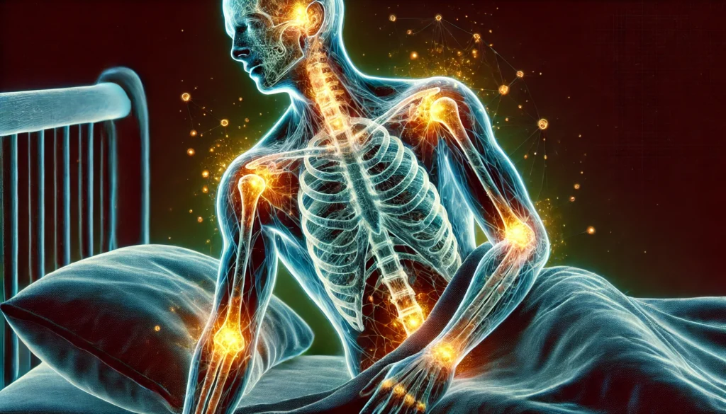 A glowing, semi-transparent human figure highlighting inflammation points due to chronic sleep deprivation, particularly around joints and muscles. The dark background emphasizes the physiological effects of sleep deficiency.