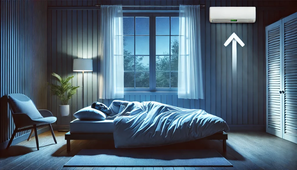 A peaceful bedroom at night with a person sleeping comfortably under breathable, lightweight bedding. The room is well-ventilated, with a cool breeze coming through an open window for optimal sleep temperature regulation.