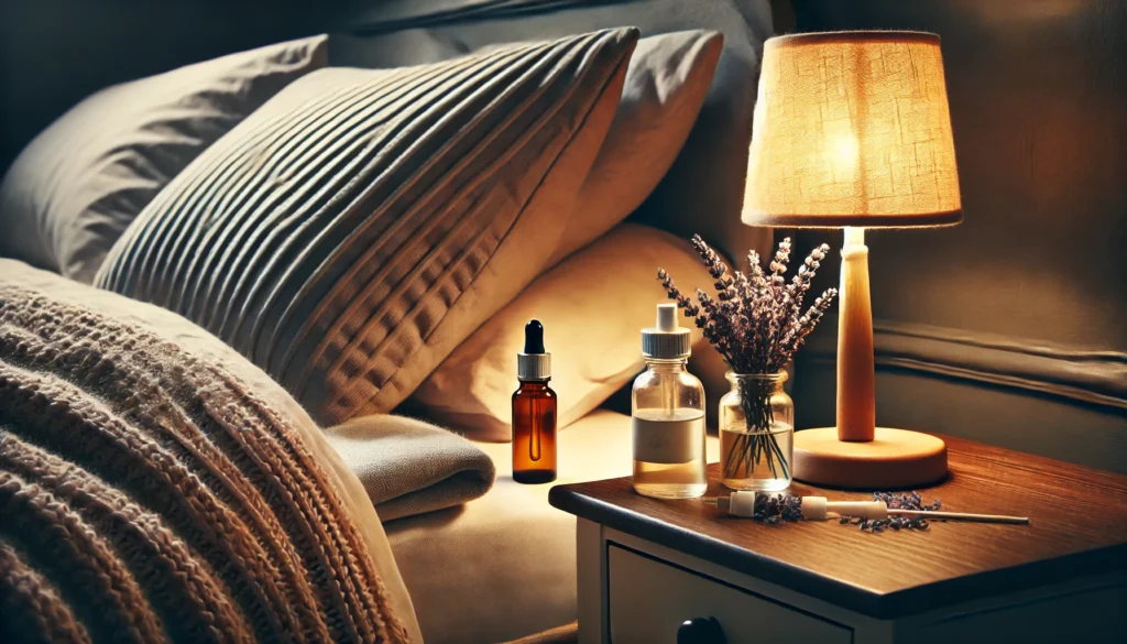 A bedside table featuring a small bottle of lavender essential oil and a pillow spray. The soft glow of a lamp enhances the tranquil, sleep-inducing environment.