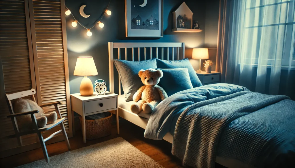 A peaceful children's bedroom at nighttime with a cozy bed, soft lighting, and a stuffed animal beside the pillow. The setting highlights the importance of a comfortable sleep environment for childhood rest.