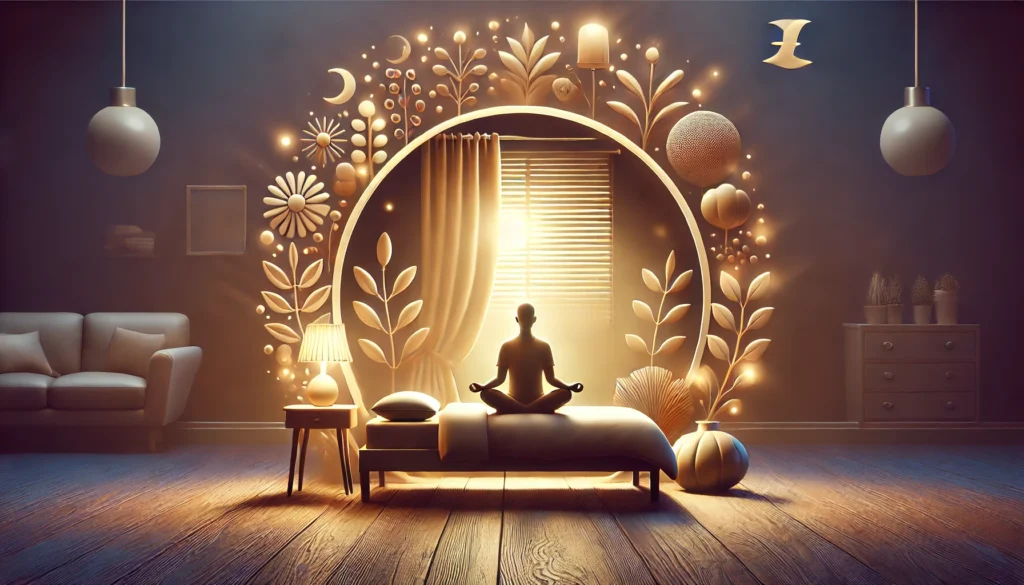 A symbolic representation of sleep hygiene and improving sleep quality, featuring a peaceful bedroom environment with soft lighting, a comfortable bed, and a person practicing relaxation before sleep. The warm, soothing colors convey a sense of calmness and well-being.