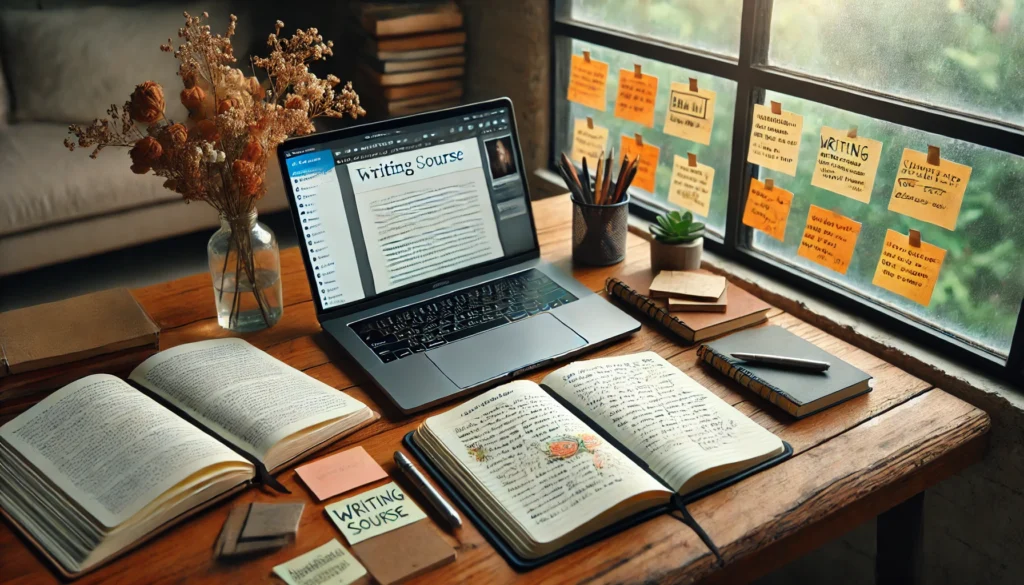 A writer's workspace featuring an open notebook with handwritten notes, a laptop displaying a writing course, and sticky notes filled with ideas. A window with natural light enhances the atmosphere.