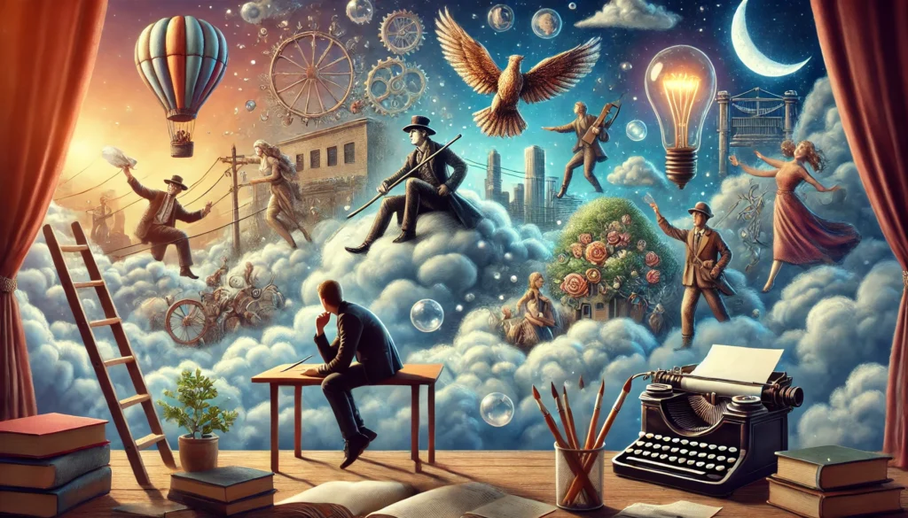 A scene depicting an aspiring writer lost in thought, visualizing characters and story elements coming to life around them in a dreamy, imaginative setting.