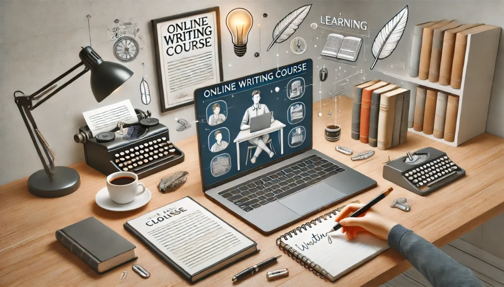 A writer participating in an online course with a laptop, certificate, and writing tools.