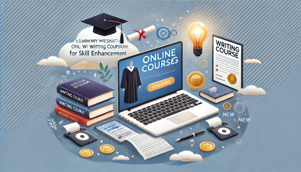 A summary representation of online writing courses for skill enhancement. The image features a laptop with a writing course interface, a diploma, floating books, and a lightbulb symbolizing new ideas. The background suggests an inspiring and productive learning environment.