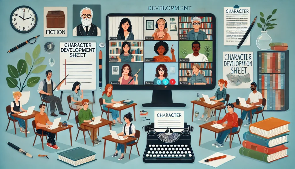 A virtual classroom setting with diverse fiction writers participating in an online writing course. The screen displays video call participants, character development sheets, and floating creative elements like a book, a typewriter, and a writing prompt.