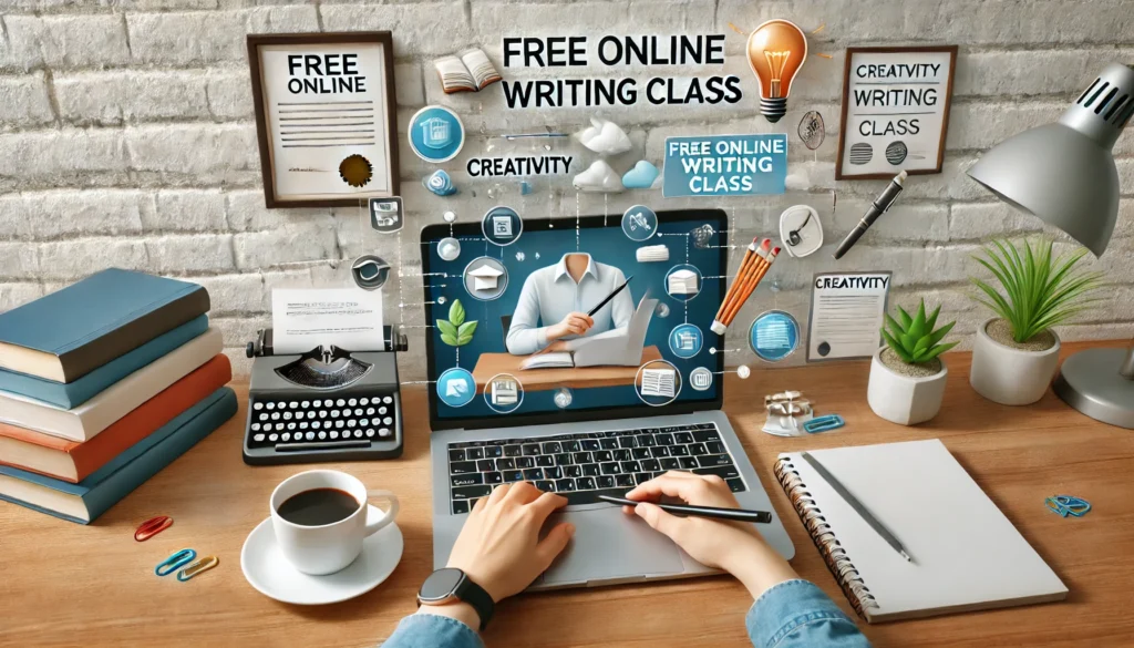 A modern workspace featuring a writer taking a free online writing class. The laptop screen displays a virtual writing lesson, with books, a notepad, and a coffee cup on the desk. Floating elements like a certificate, a creativity lightbulb, and writing tools symbolize learning and improvement.