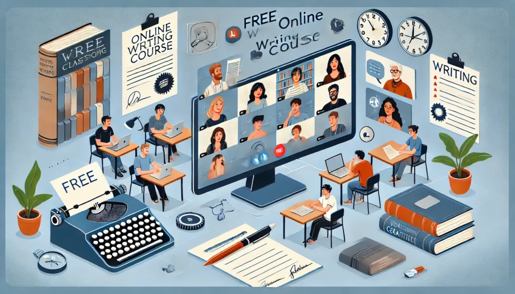 A virtual classroom setting with diverse students participating in a free online writing course. The screen displays video call participants, writing exercises, and floating creative elements like a book, a typewriter, and a certificate, representing learning and collaboration.