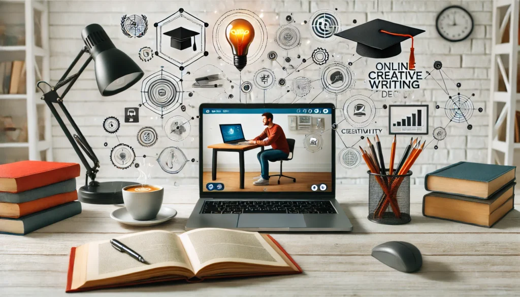 A modern workspace featuring a student taking an online creative writing degree. The laptop screen displays a virtual classroom with academic icons like a diploma, books, and a certificate. Floating elements such as a graduation cap, a creativity lightbulb, and a quill symbolize education and achievement.