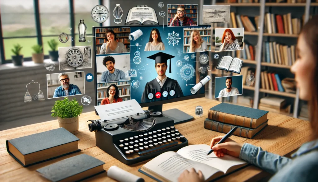 A virtual classroom setting with diverse students participating in an online creative writing degree program. The screen displays video call participants, writing exercises, and floating academic elements like a book, a typewriter, and a diploma, representing education and collaboration.