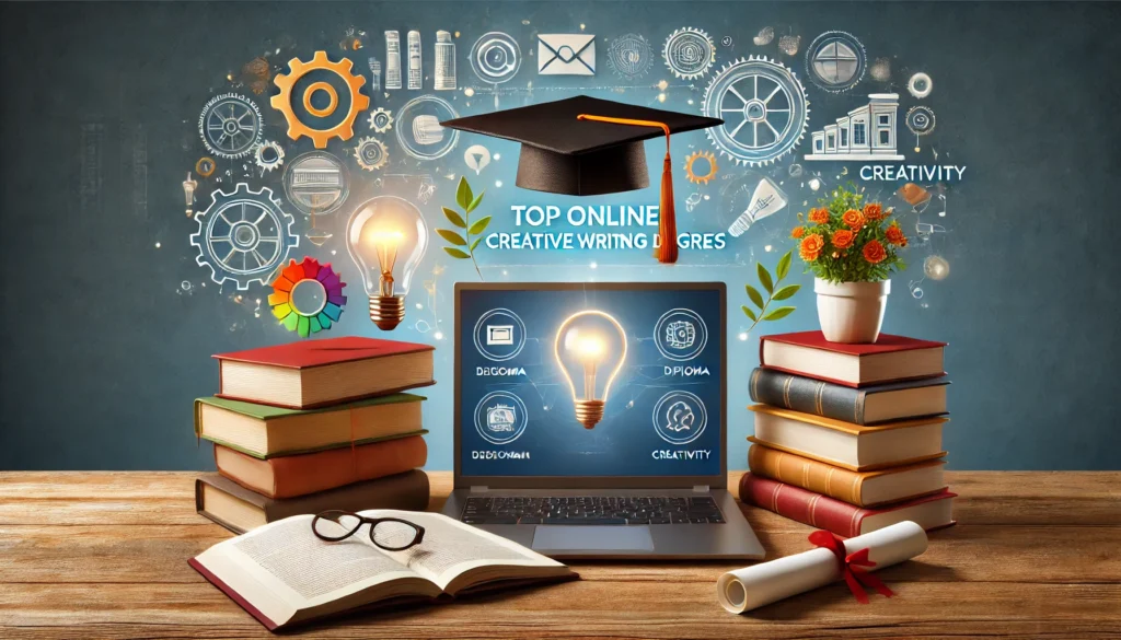 A summary representation of top online creative writing degrees. The image features a laptop displaying a degree program, a diploma, floating books, a graduation cap, and a creativity lightbulb. The background suggests an inspiring and productive academic environment.