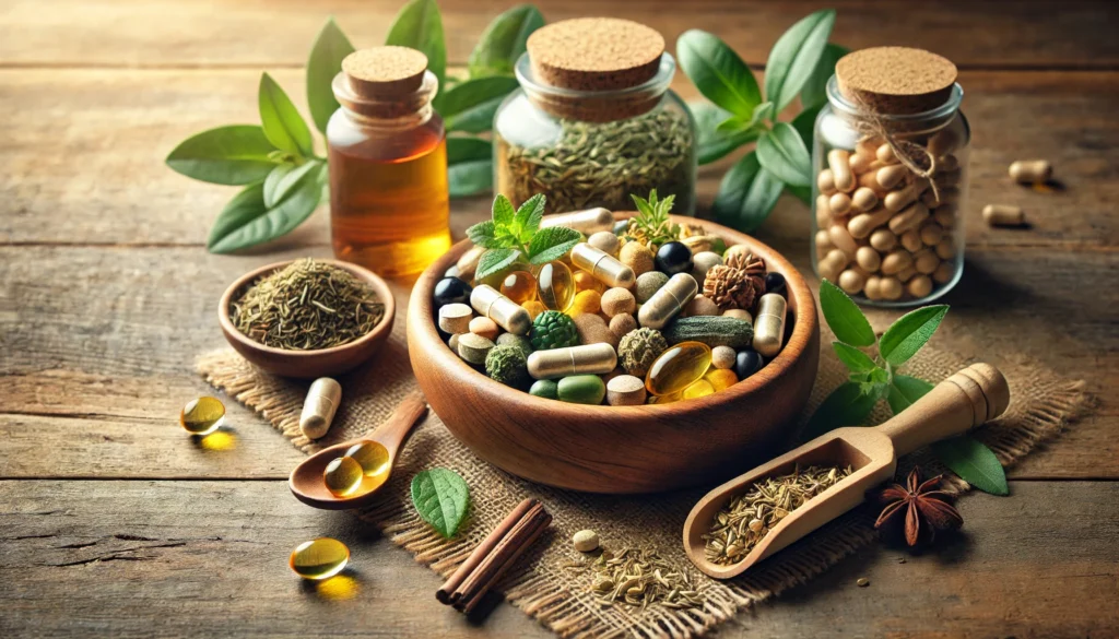 A still life arrangement featuring natural anxiety-relief supplements, including herbal capsules, green tea leaves, omega-3 fish oil capsules, and valerian root on a rustic wooden table."