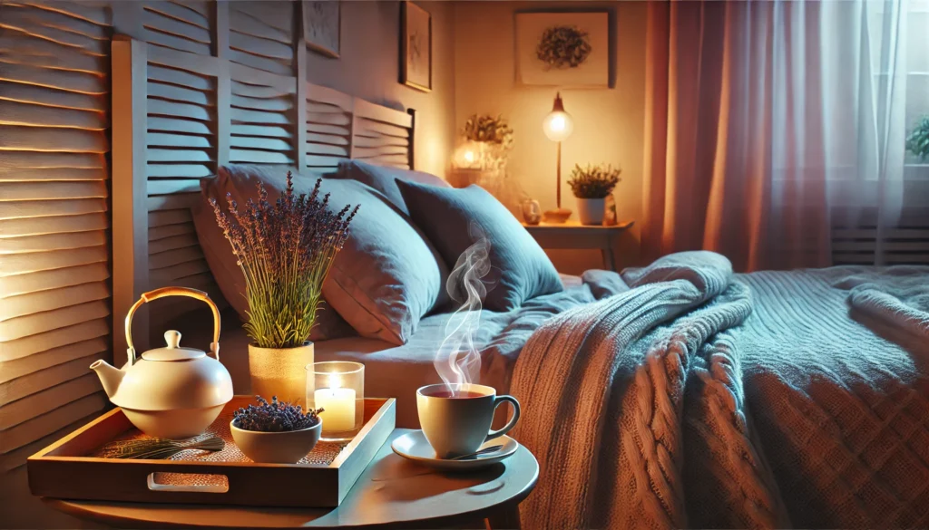 A peaceful bedroom designed for relaxation, featuring soft lighting, a steaming cup of herbal tea, cozy blankets, and a lavender plant, promoting better sleep and anxiety relief."