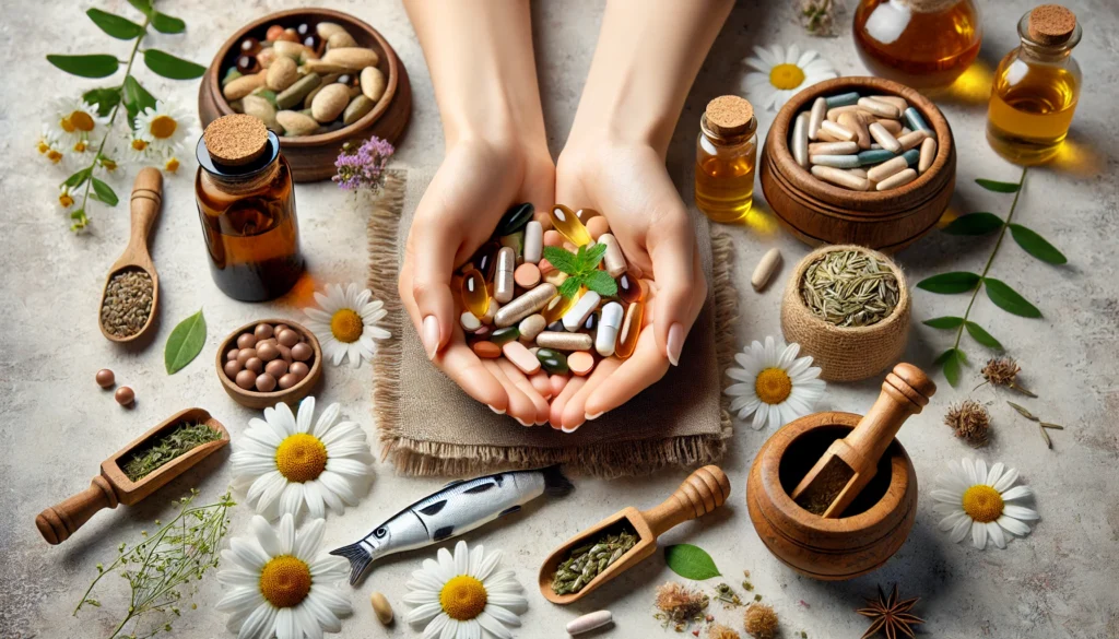 Hands holding a variety of natural supplements, including herbal capsules, fish oil, and dried herbs, with chamomile flowers and a tea cup in the background, symbolizing anxiety relief through supplementation."