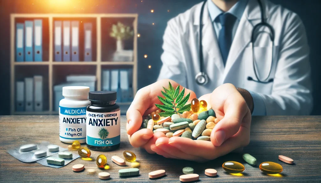 "A close-up of a hand holding a mix of over-the-counter anxiety supplements, including herbal capsules, fish oil, and magnesium tablets, with a blurred doctor's office in the background symbolizing the balance between natural remedies and professional healthcare."