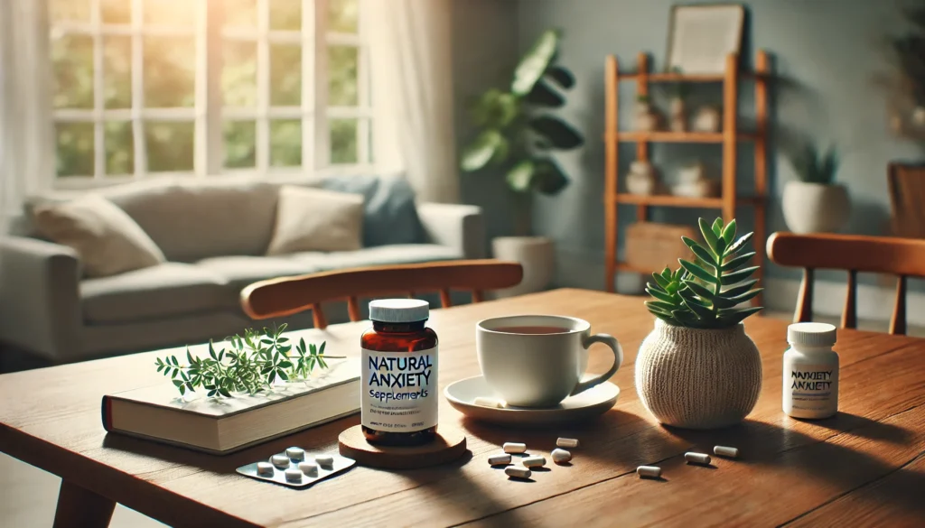  "A serene home environment with a wooden table featuring a cup of herbal tea, an open bottle of over-the-counter anxiety supplements, and a book on stress management, bathed in soft natural light."