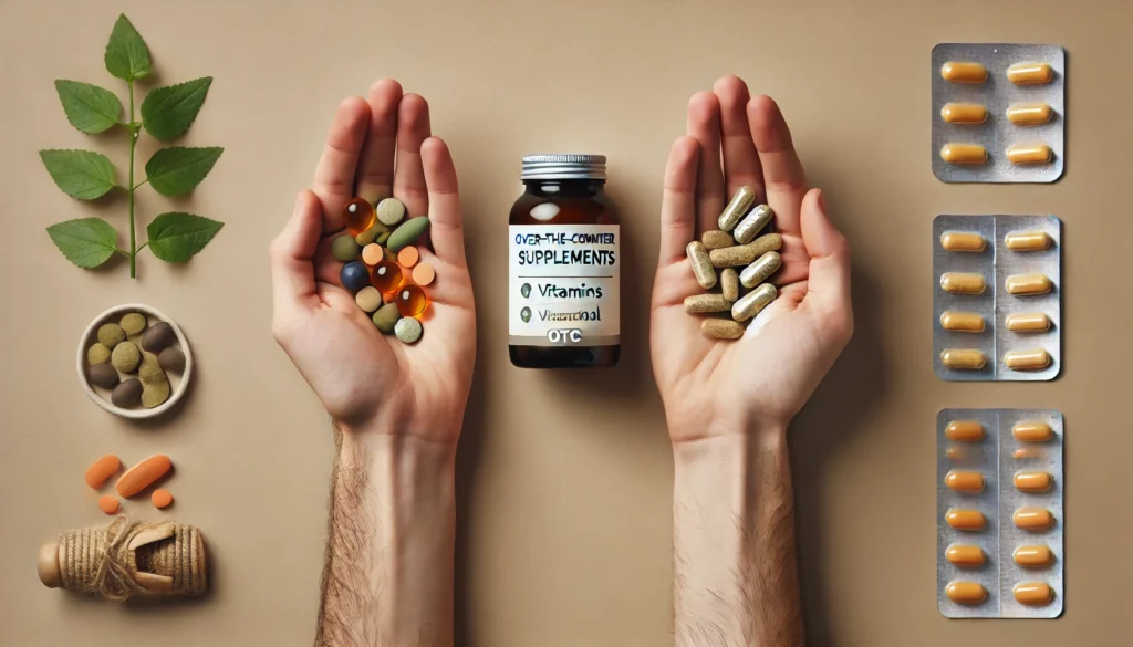 "A conceptual comparison of over-the-counter anxiety relief options, showing two hands—one holding herbal supplements and vitamins, the other holding a bottle of OTC medication—highlighting the choice between natural and pharmaceutical treatments."