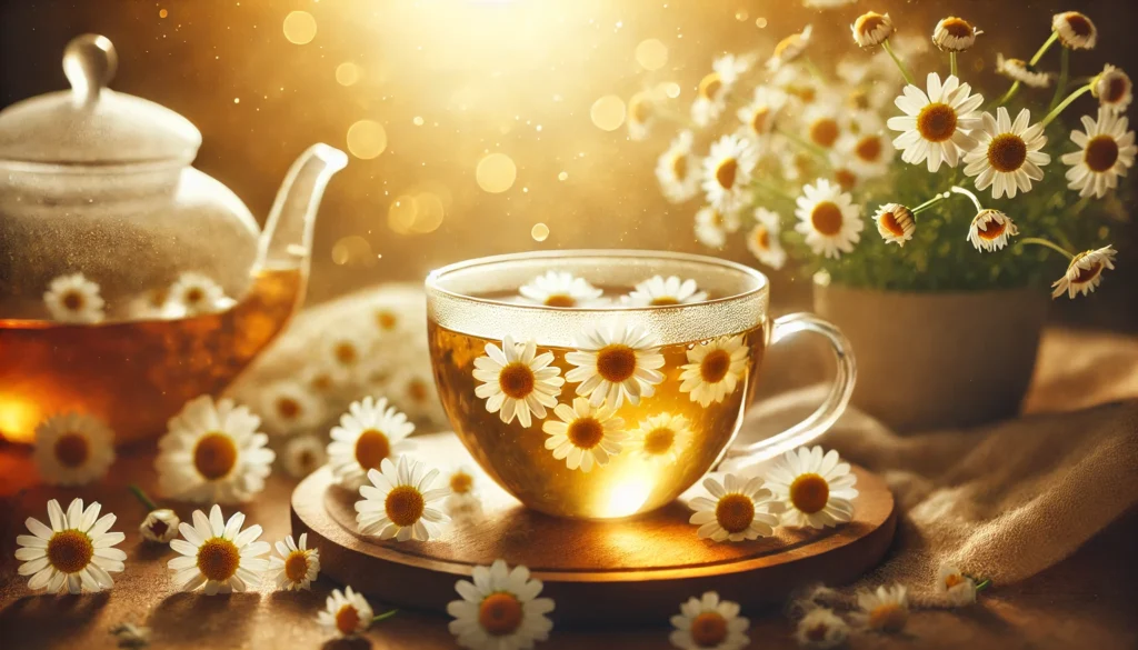 A close-up of a glass teacup filled with chamomile tea, with fresh chamomile flowers floating on top. The soft golden background highlights chamomile's calming and anxiety-relieving properties."