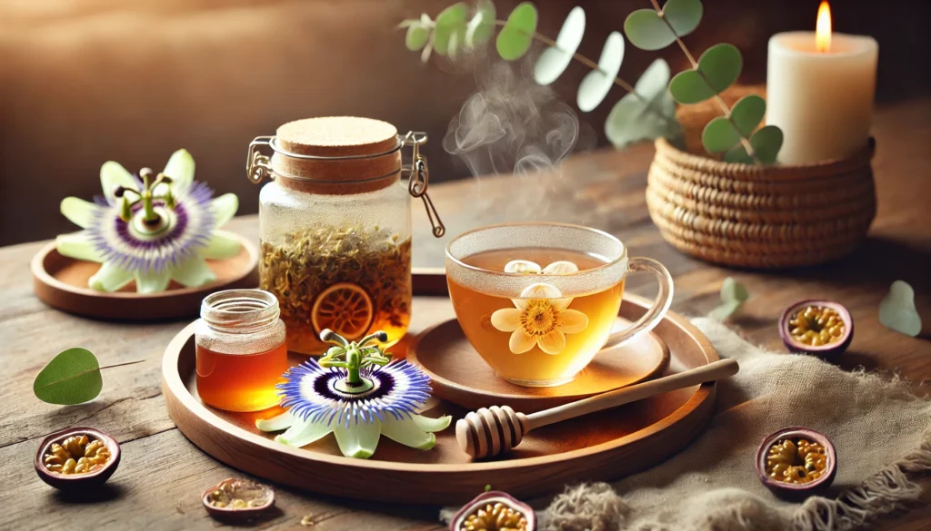 "A beautifully arranged tea set featuring a steaming cup of passionflower tea, a glass jar of dried passionflower petals, and a honey dipper resting on a wooden tray, with soft lighting and natural elements enhancing the soothing ambiance."