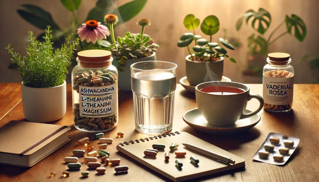 A serene workspace featuring a glass of water with supplement capsules, a notebook, and a steaming cup of herbal tea, symbolizing stress relief and mental clarity through natural supplements."