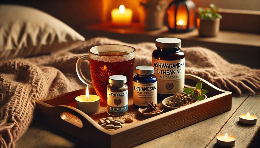 A cozy evening scene with a wooden tray holding a cup of herbal tea, a bottle of calming supplements, and a lit candle, creating a warm and stress-free ambiance."