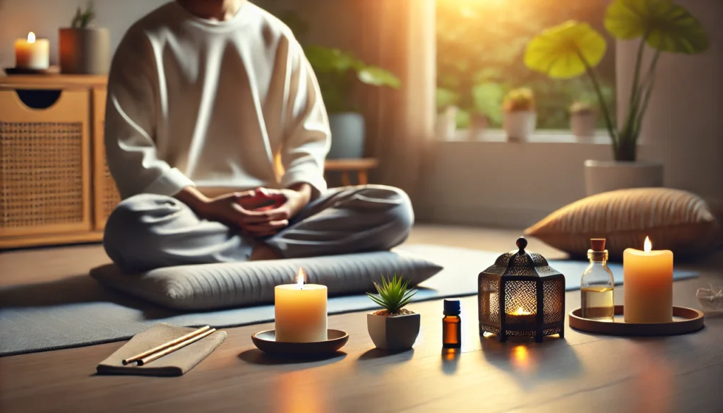 A person sitting on a cushion with closed eyes, practicing deep breathing during a mindfulness session. A candle, essential oils, and a small plant enhance the relaxing atmosphere, promoting anxiety relief."