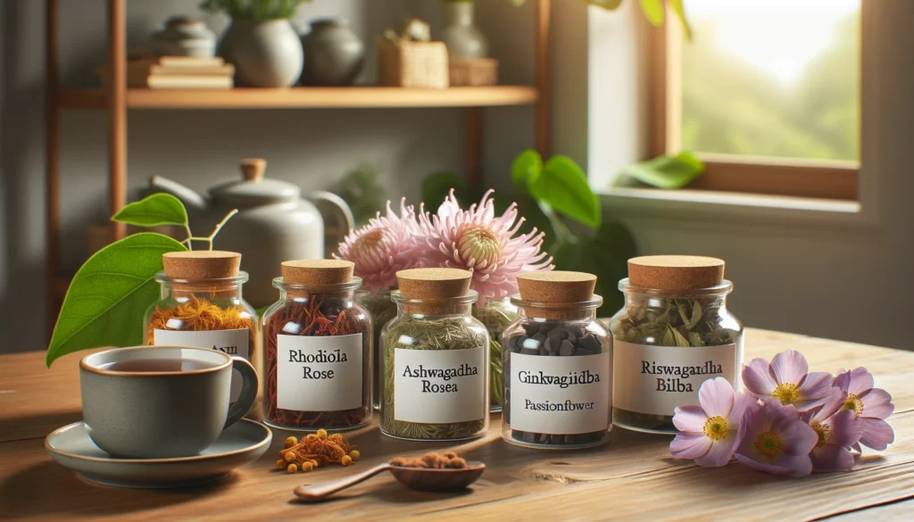 A serene home setting with a wooden shelf featuring neatly arranged jars of labeled herbs for ADHD and anxiety relief, including Rhodiola Rosea, Ashwagandha, Ginkgo Biloba, and Passionflower, alongside a cup of tea."