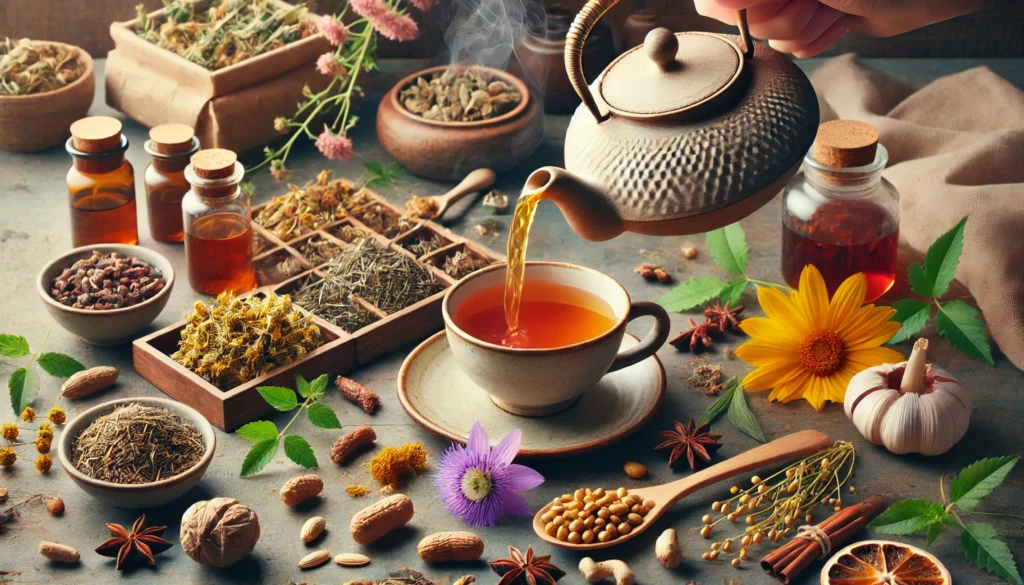 A relaxing tea preparation scene with a teapot pouring herbal tea into a cup, surrounded by fresh and dried herbs such as Ashwagandha, Ginkgo Biloba, Passionflower, and Rhodiola Rosea, creating a calming ambiance.